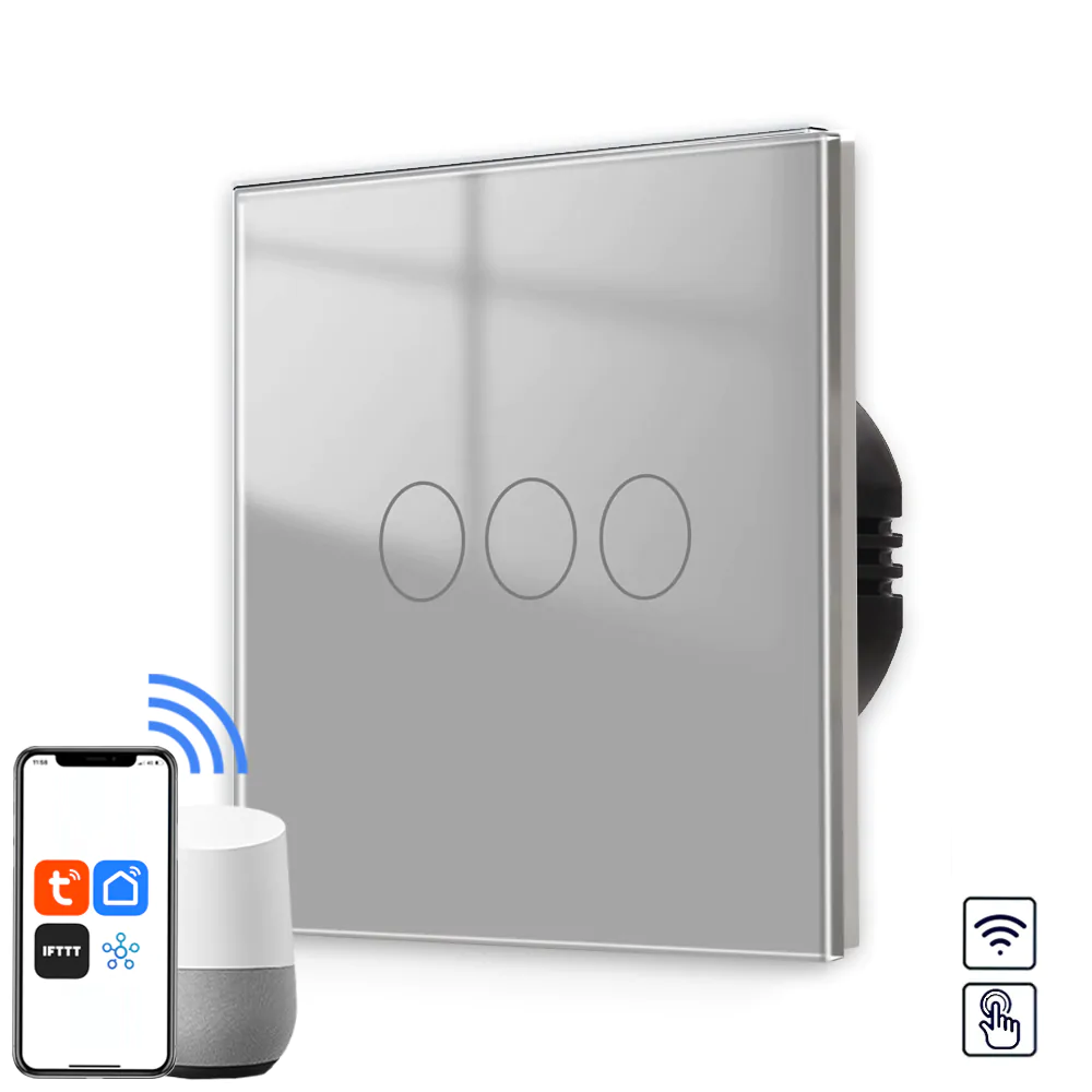 Revolo Smart WiFi dotykový vypínač č.5 třítlačítkový - Stříbrný Revolo WiFi dotykový vypínač č.5 (3 okruhy) - Stříbrný