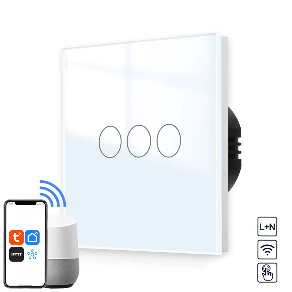 Revolo Smart dotykový vypínač č.5 třítlačítkový - Bílý Revolo WiFi dotykový vypínač č.5 tříokruhový (L+N) - Bílý