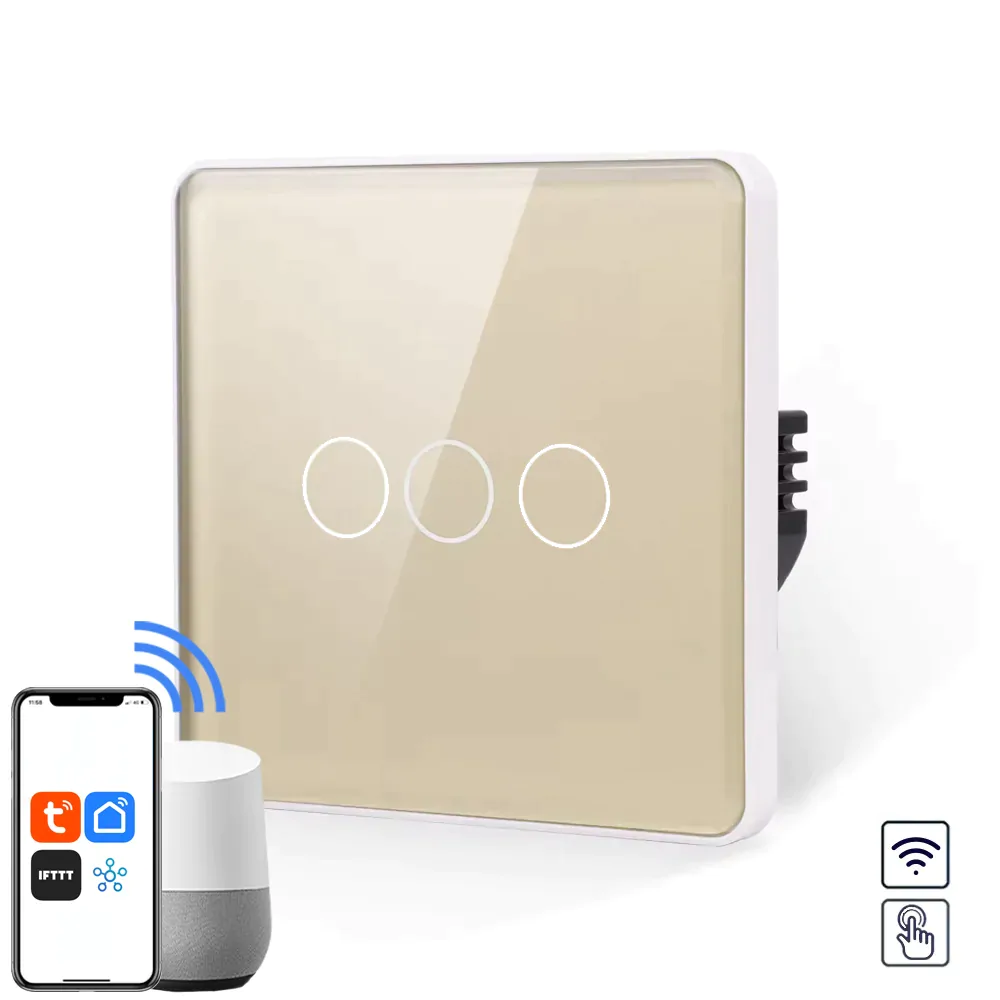Revolo WiFi dotykový vypínač č.5 (třípackový) - Zlatý zaoblený Revolo WiFi dotykový vypínač č.5 tříokruhový - Zlatý zaoblený