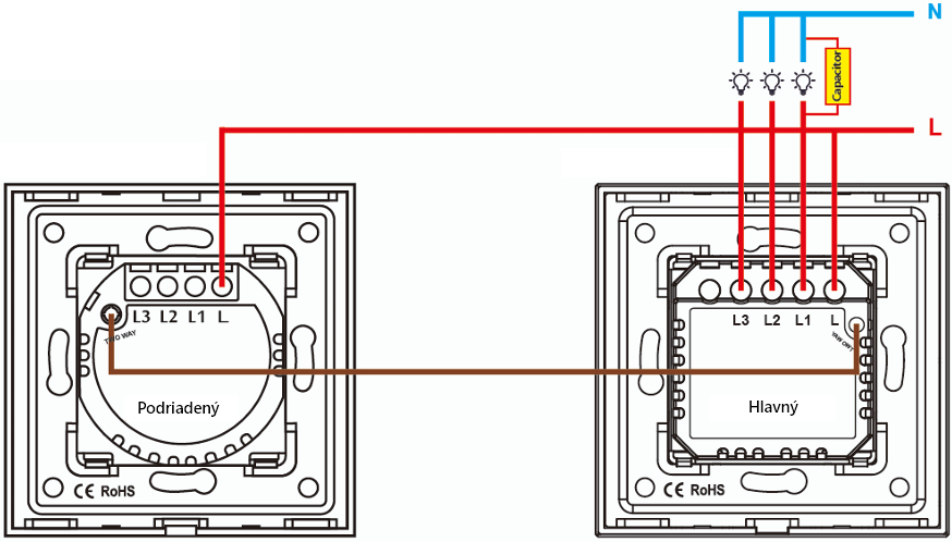 Schéma zapojení WiFi schodišťového vypínače č.6 - Revolo Schéma zapojení pro schodišťové vypínače WT-S102A.B / WT-S202A.B / WT-S302A.B