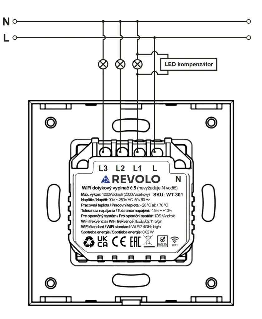 Schéma zapojení WiFi dotykového vypínače Revolo WT-301 bez nulového vodiče s LED kompenzátorem Schéma zapojení WiFi dotykového vypínače Revolo WT-301 bez nulového vodiče s LED kompenzátorem